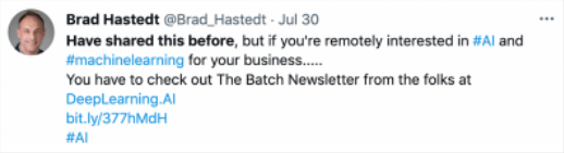 Have shared this before, but if you're remotely            interested in AI and Machine Learning for your business....            You have to check out The Batch Newsletter from            the folks at DeepLearning.AI
