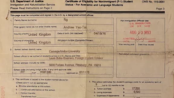 Andrew Ng's Certificate of Elegibility for Nonimmigrant (F-1) Student
