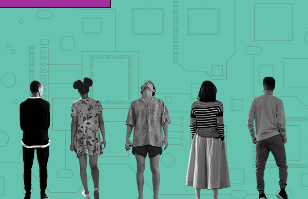 Animated neural networks metaphorically AI taking over a group of people