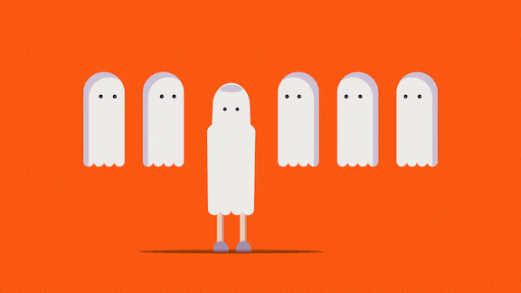 Illustration of 4 ghosts floating and 1 person dressed as a ghost