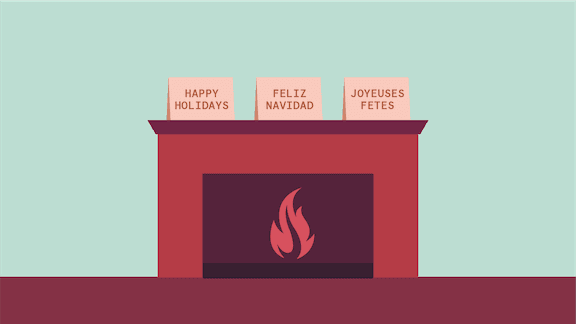 Illustration of a fireplace with "Happy holidays" cards in English, Spanish and French