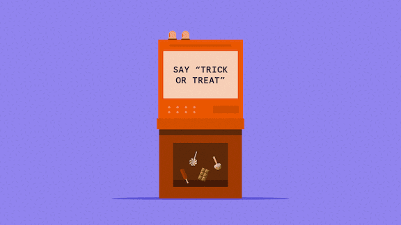 Illustration of vending machine with candy and the text "Say "trick or treat""