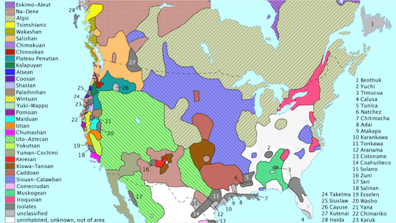 Map of Northamerica showing different indigenous languages by location