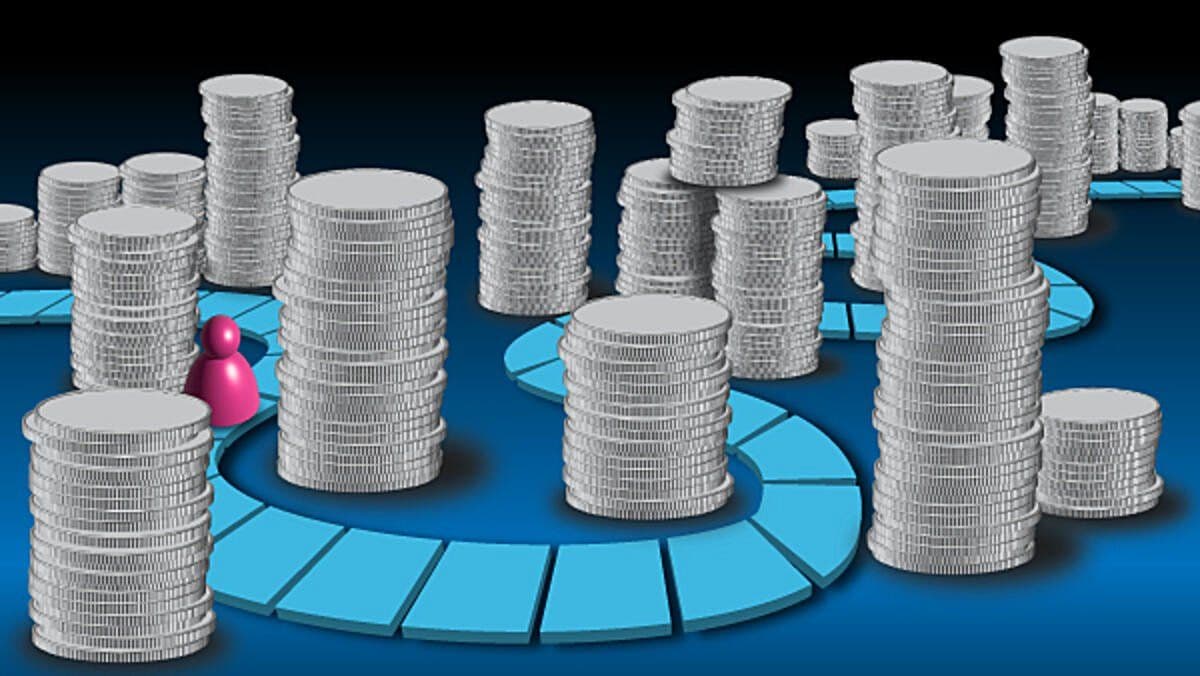 Illustration: Board game piece walking through piles of coins