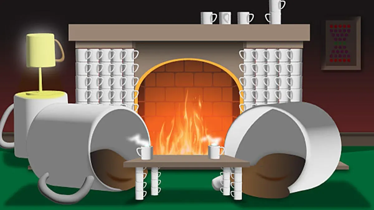 An illustration shows a cozy cabin where all the furniture is made out of coffee mugs. 