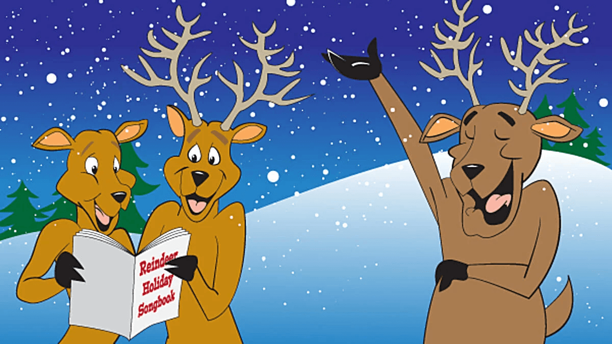 A chorus of reindeers singing carols from a Reindeer Holiday Songbook on a snowy night