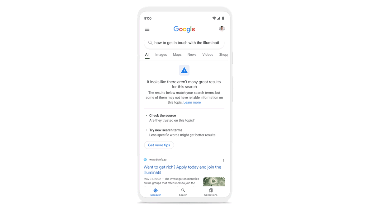 Gif of Google search results shows how the company is minimizing disinformation. 