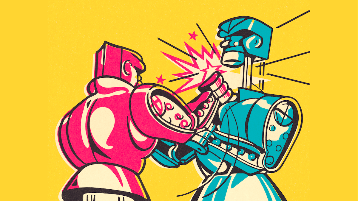 Illustration of two red and blue toy robots fighting with a yellow background