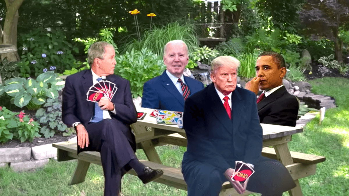 Photoshopped picture of George Bush, Joe Biden, Donald Trump and Barack Obama playing UNO