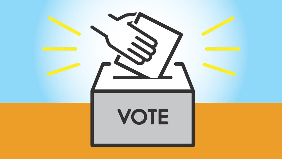 A graphic of a hand placing a ballot into a box labeled "Vote."