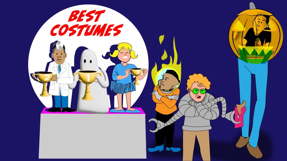 Cartoon characters in costume contest: ghost wins 1st, mad scientist 2nd, hula girl 3rd.