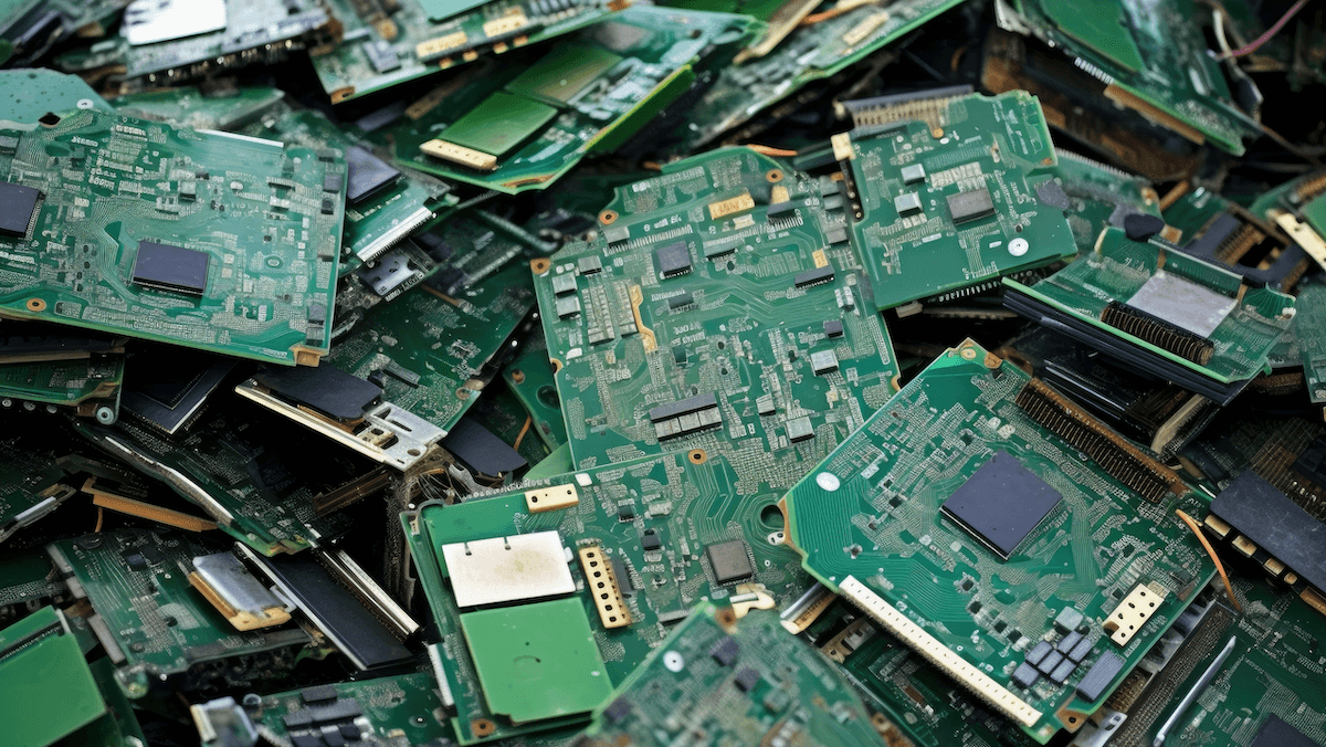 Pile of discarded green circuit boards from electronic devices.