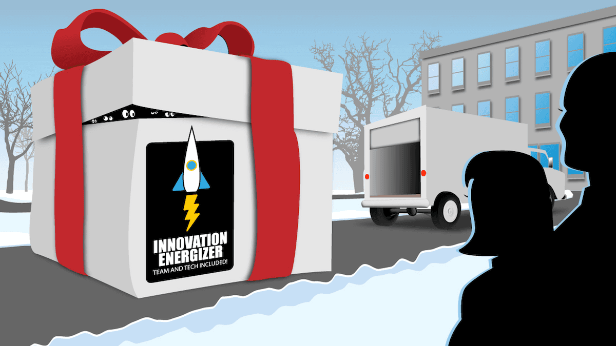 Gift box labeled ‘Innovation Energizer’ with a rocket logo, truck, and snowy background.