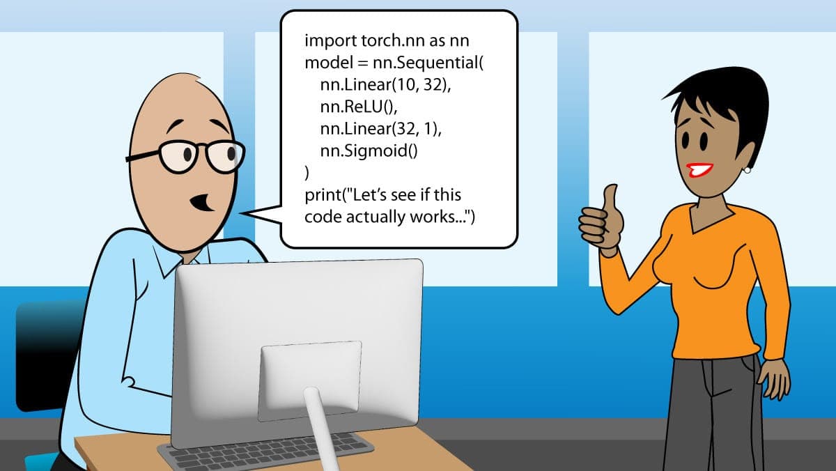 Illustration of a programmer at a computer displaying PyTorch code, while a smiling colleague gives a thumbs-up in approval.