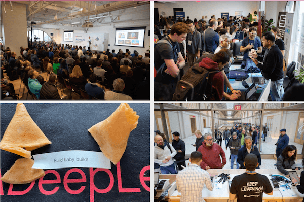 Top left: attendees watch a presentation. Top right: crowd at a developer booth. Bottom left: fortune cookie says ‘Build baby build!’ Bottom right: staff check in attendees.